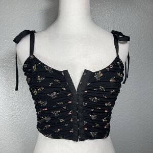 Y2K Sheer Mesh Ruched Corset Cami Top Cropped S Black Fairy Whimsygoth Romantic